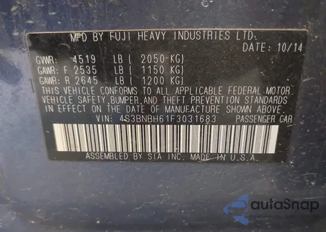 2015 Subaru Legacy 2.5I Premium from USA, damaged, VIN 4S3BNBH61F3031683